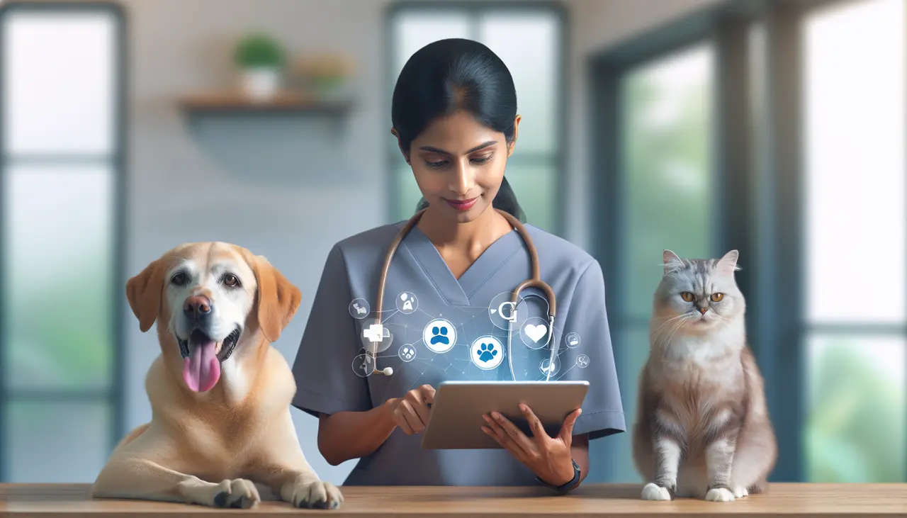 Draw a graphic in flat design style. A vet using a tablet with veterinary software on the screen, with a happy dog and cat beside them.