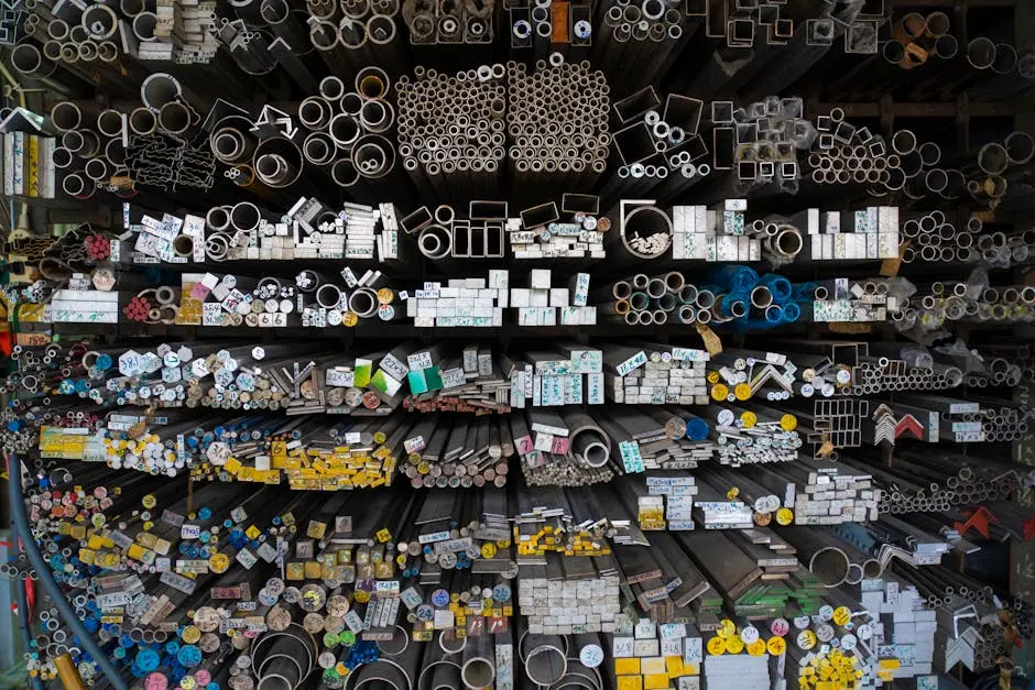 Diverse collection of stacked metallic pipes and rods in a warehouse display.