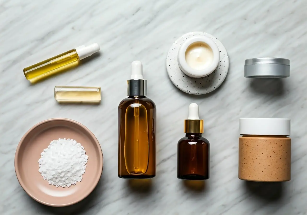 A flat lay of natural skincare products on a marble surface. 35mm stock photo