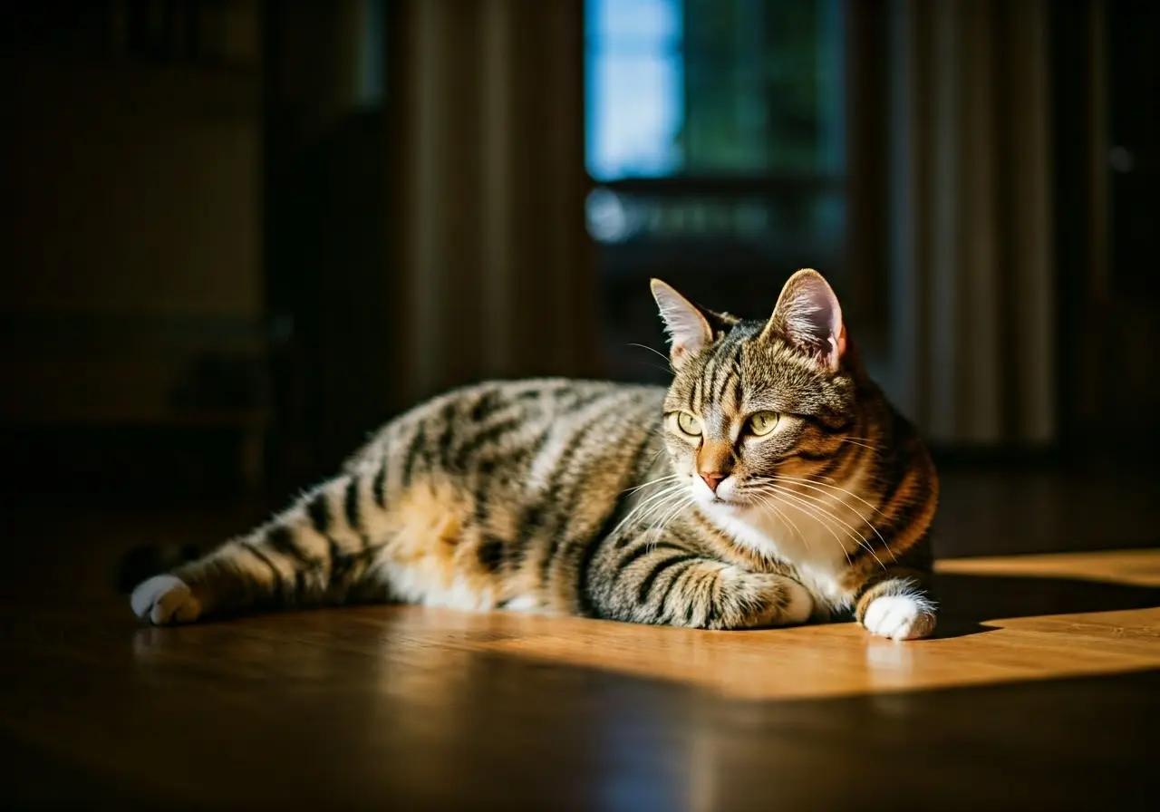 A cozy cat lounging in a sunlit living room. 35mm stock photo