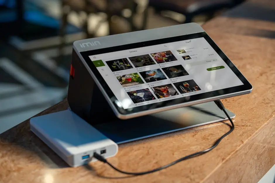 Touchscreen ordering system in a cafe showing food menu options on display.