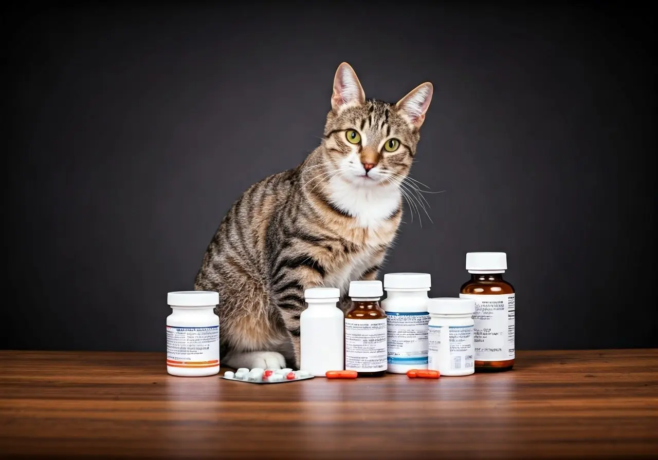 A cat sitting calmly beside a collection of medication bottles. 35mm stock photo