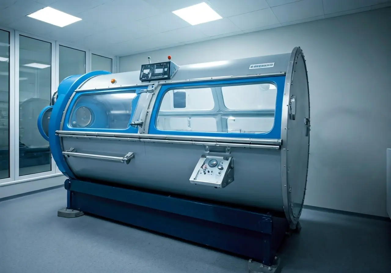 A hyperbaric oxygen therapy chamber in a clinical setting. 35mm stock photo