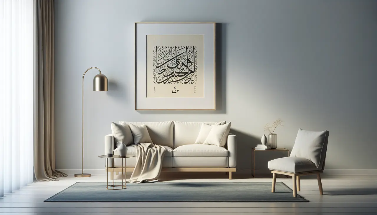 Draw a graphic in flat design style. Create an image of a minimalist living room with a large framed calligraphy artwork on the wall.