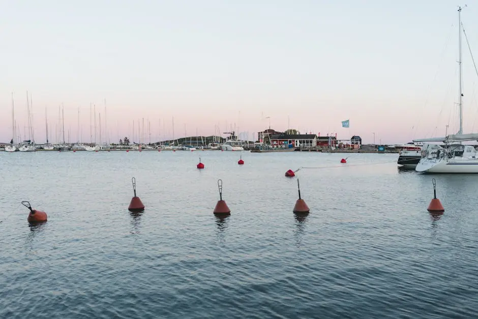 Calm marina scene with sailboats and buoys at sunset, offering tranquility by the harbor.