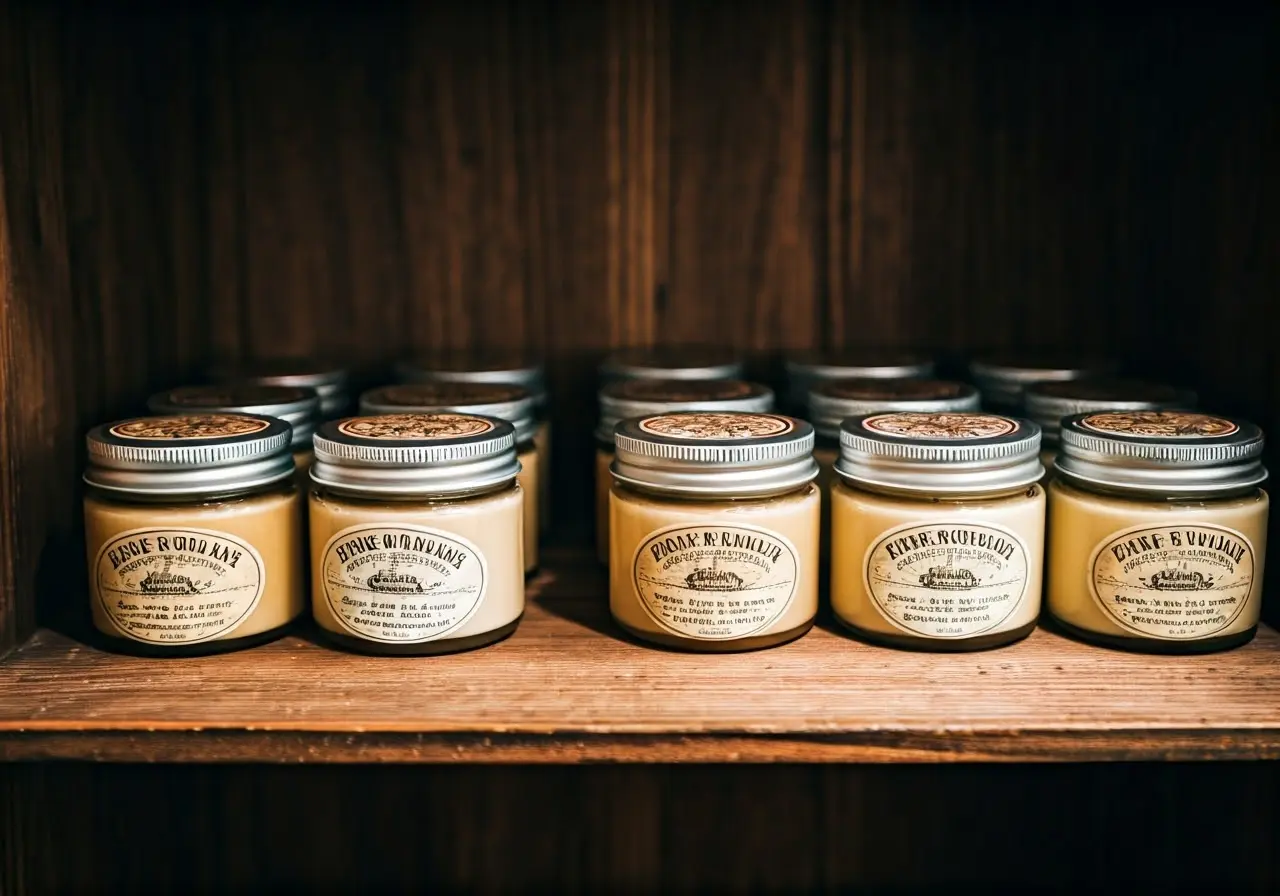 An array of hair pomade jars on a wooden shelf. 35mm stock photo