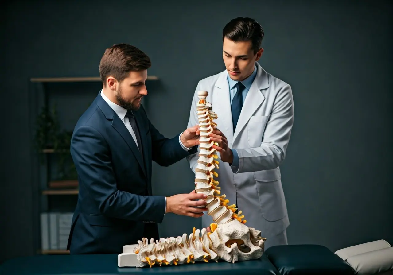 A chiropractor adjusting a model spine in an office. 35mm stock photo