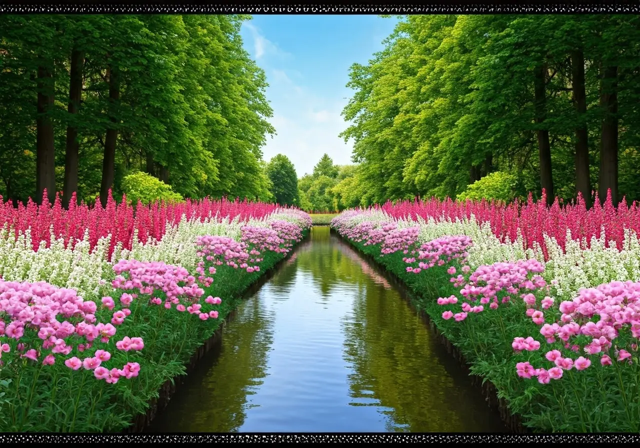 A serene landscape with blooming flowers and a gentle stream. 35mm stock photo