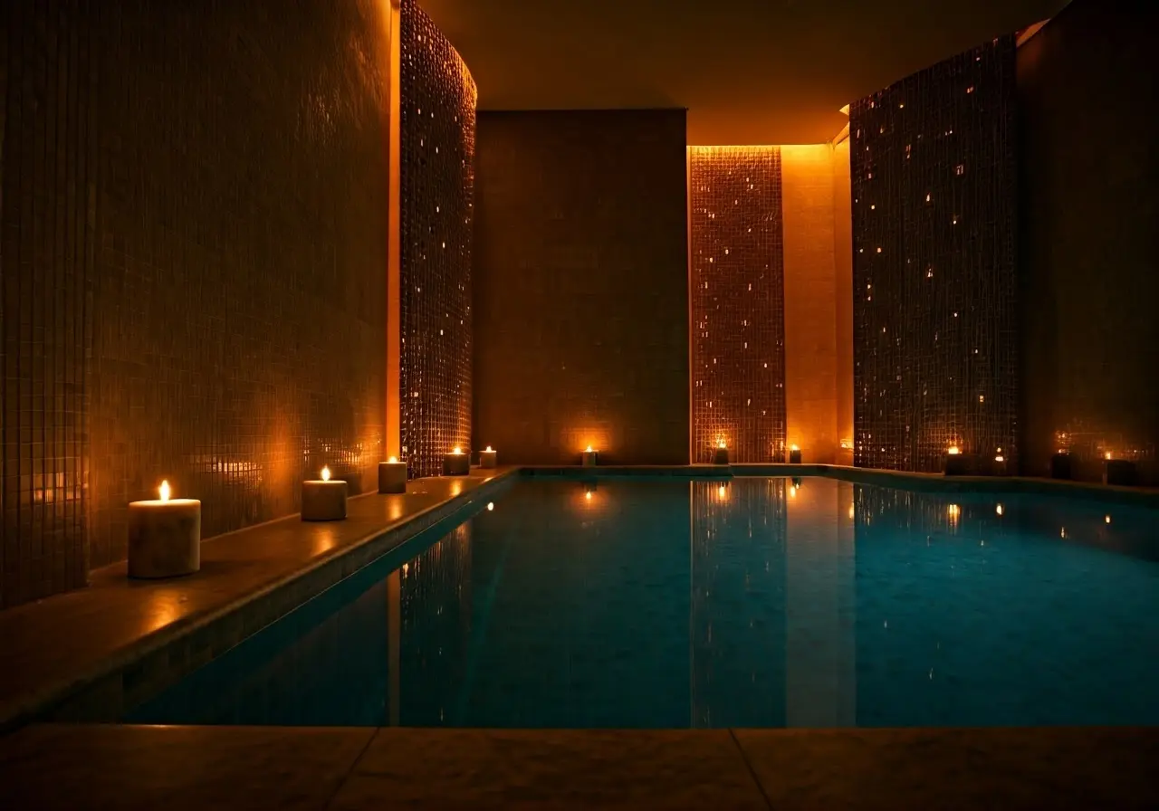 A serene spa with peaceful lighting and elegant decor. 35mm stock photo