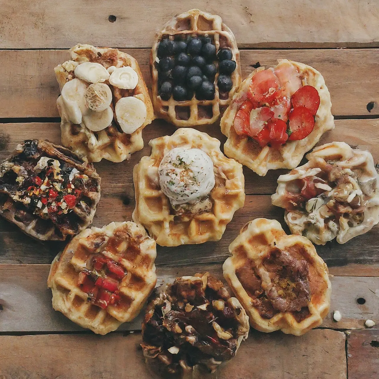 Assorted waffles with diverse toppings on a rustic wooden table. 35mm stock photo