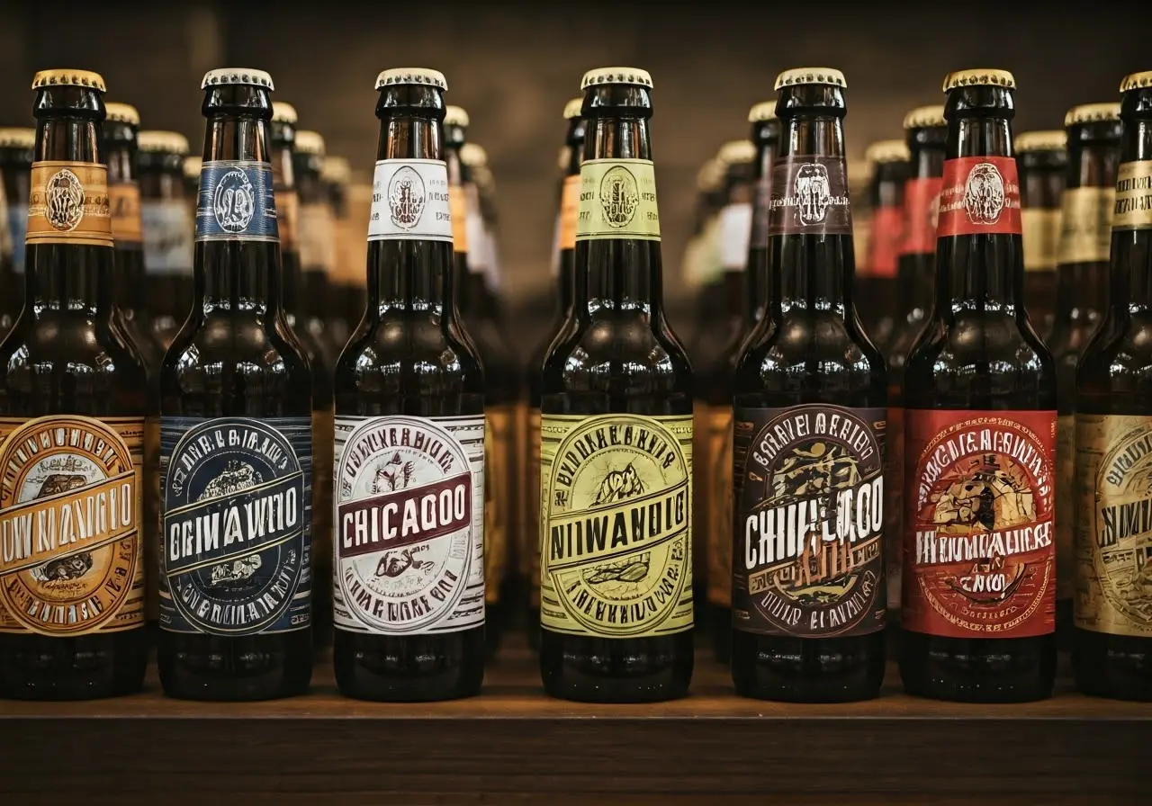 Rows of colorful craft beer bottles with Chicago and Milwaukee labels. 35mm stock photo