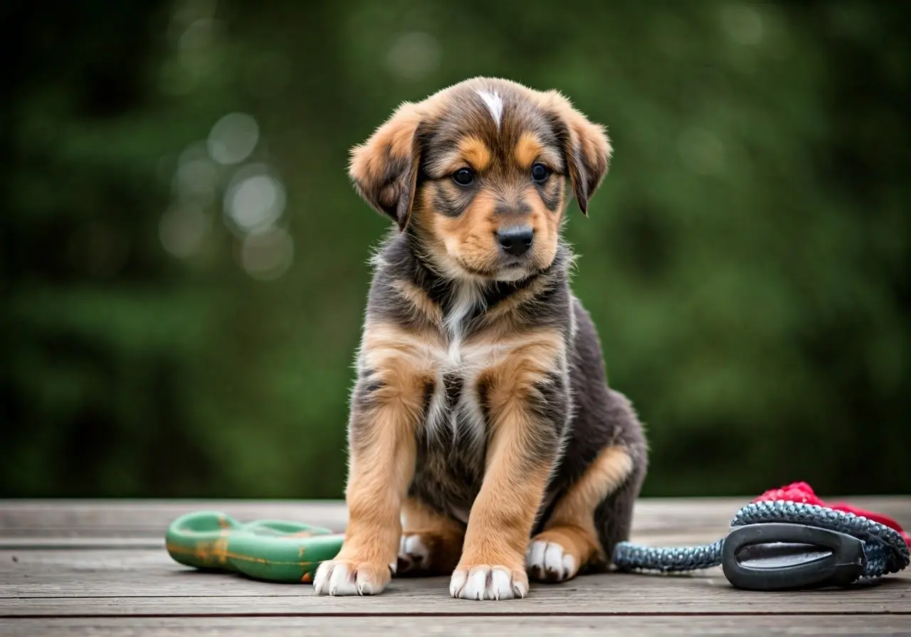 A puppy sitting attentively with training tools nearby. 35mm stock photo