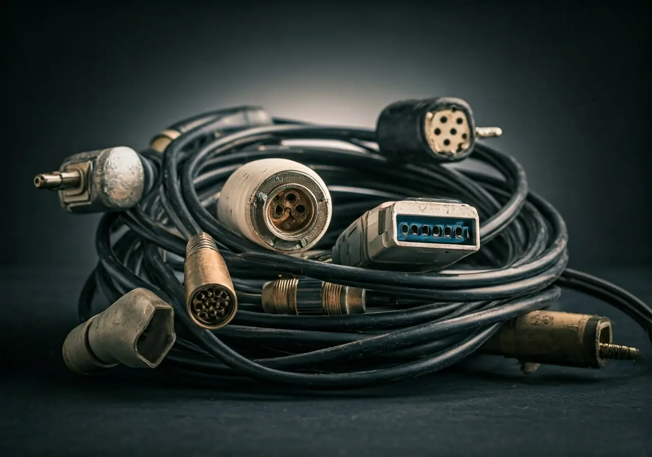 A tangled mess of various old cables and connectors. 35mm stock photo