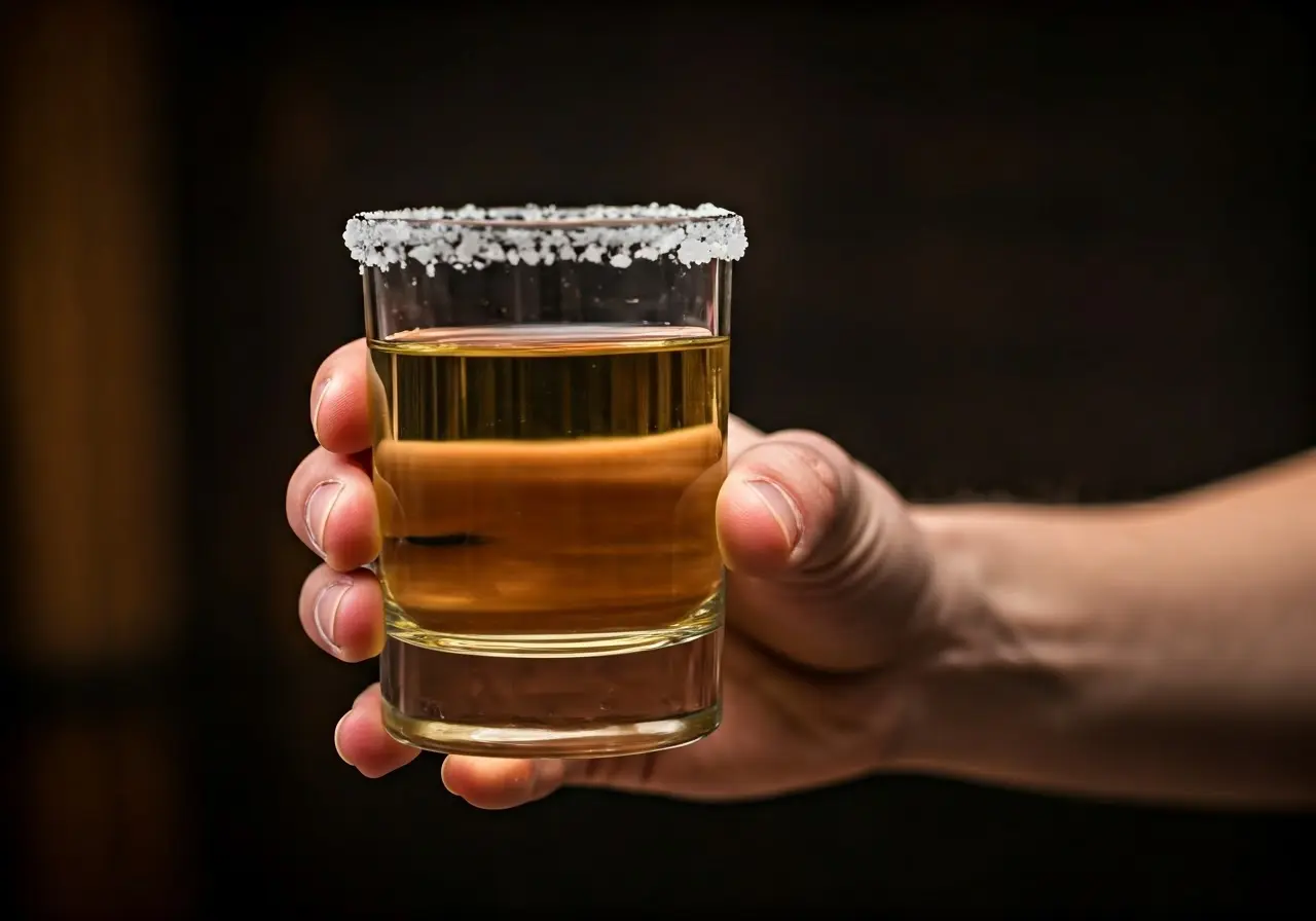 A close-up of a hand holding a glass of tequila. 35mm stock photo