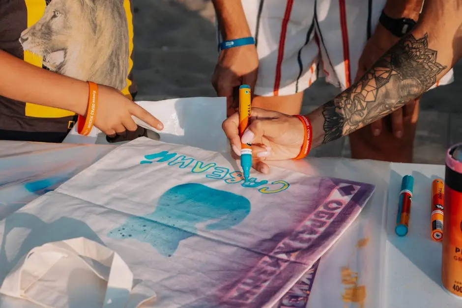 Hands painting on a t-shirt with colorful pens during a creative outdoor workshop.