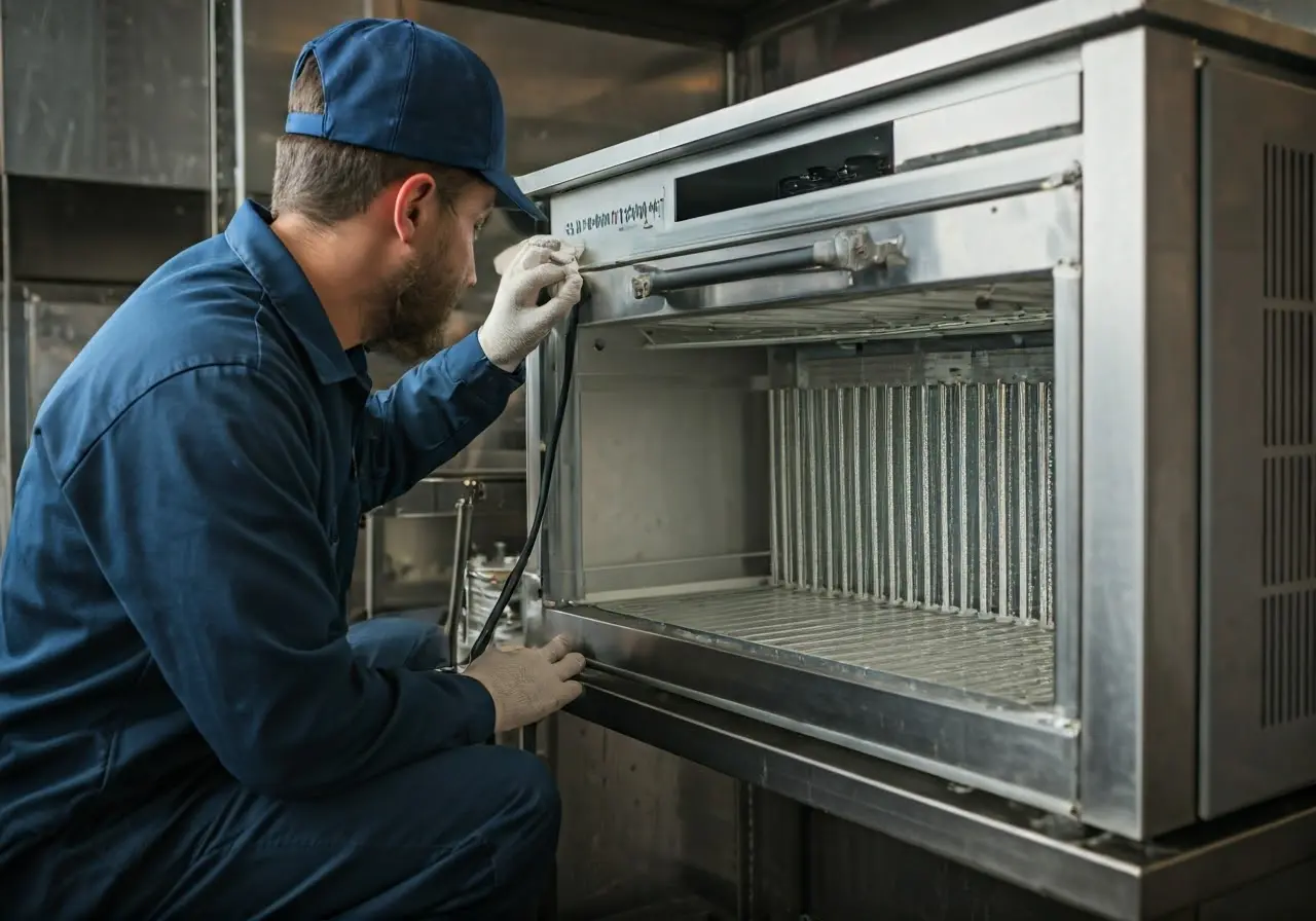 A technician repairing a commercial kitchen cooler unit. 35mm stock photo