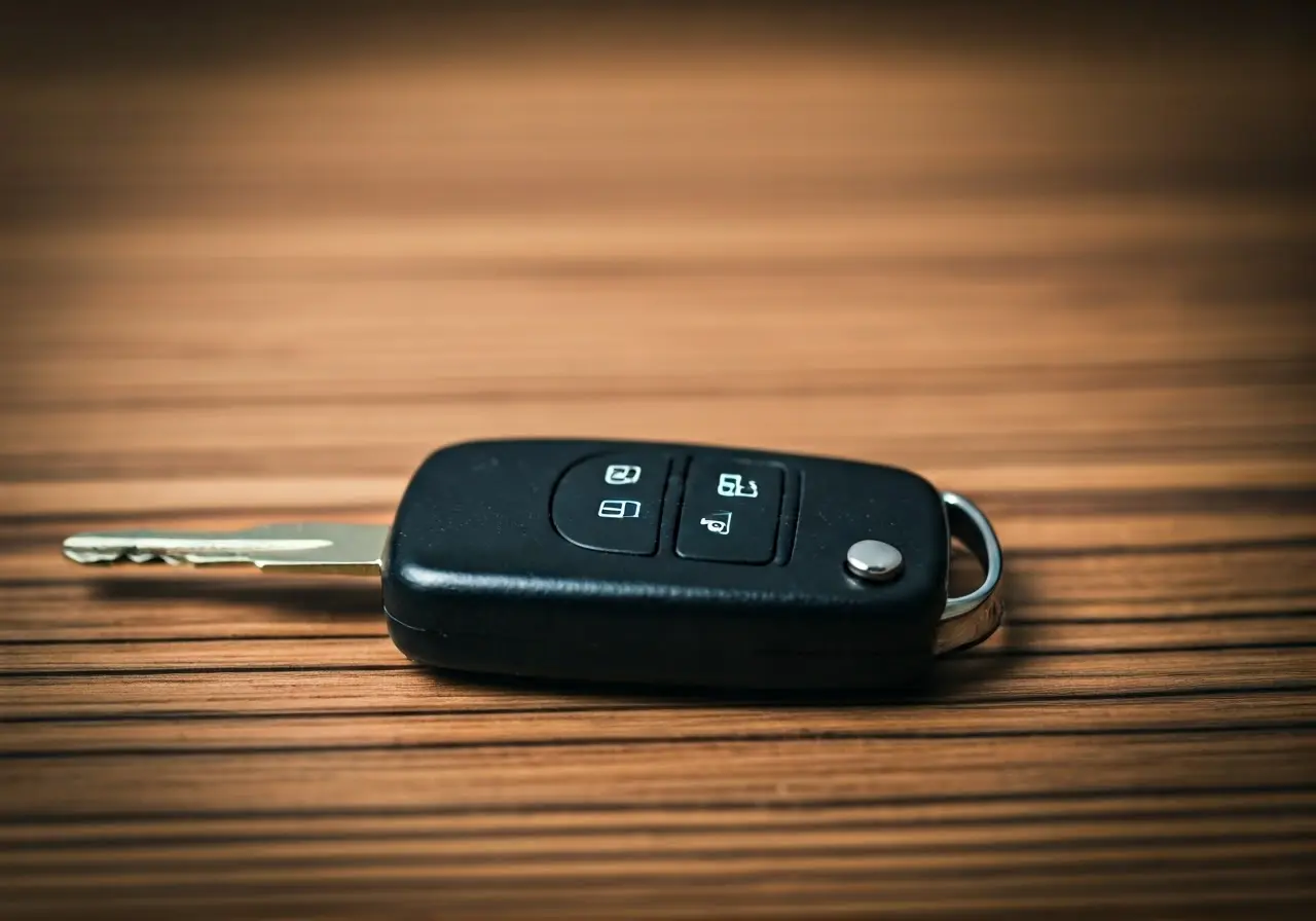 A close-up of a car key on a wooden table. 35mm stock photo