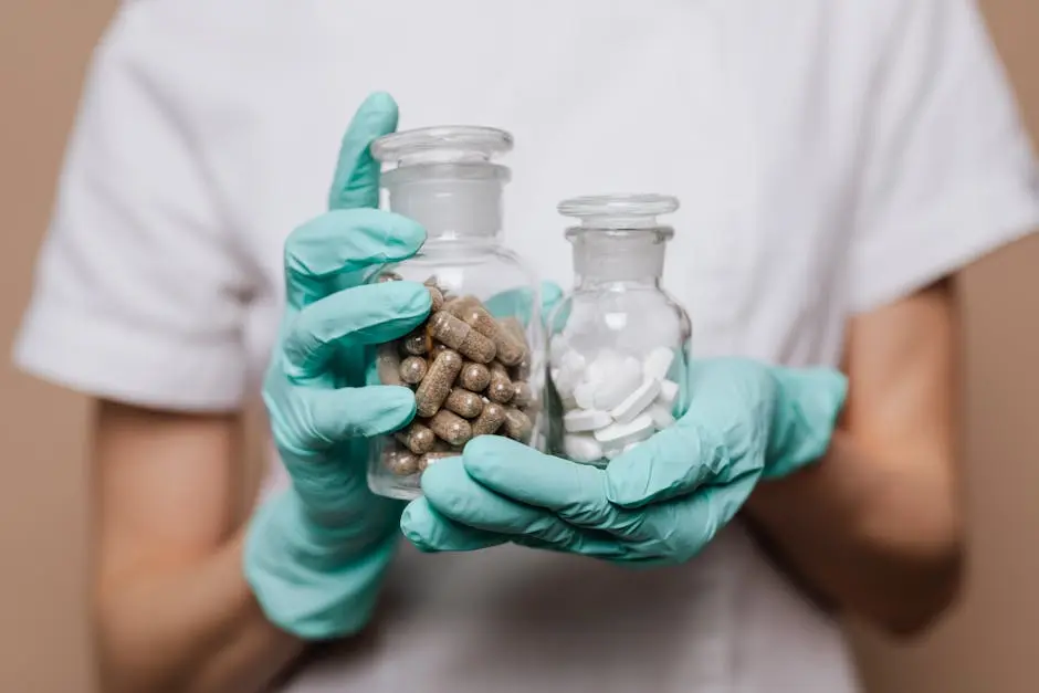 Close-up of a healthcare professional holding glass bottles with capsules and tablets, wearing gloves.