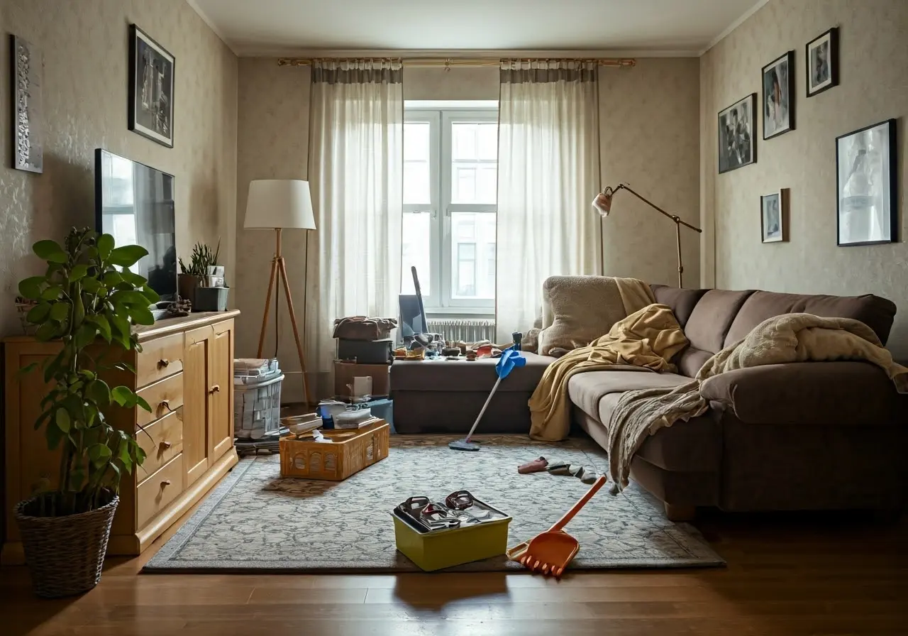 A cluttered, messy living room needing a professional cleaning service. 35mm stock photo