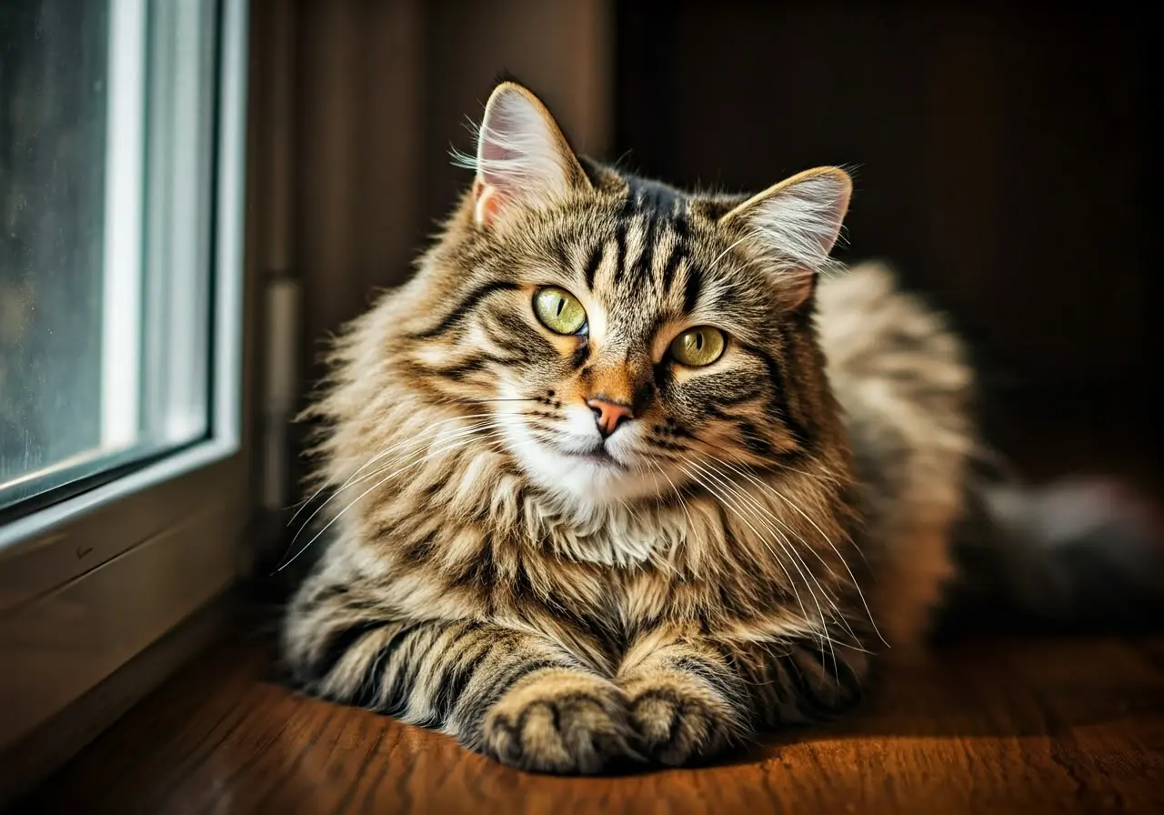 A fluffy tabby cat lounging in a sunny window. 35mm stock photo