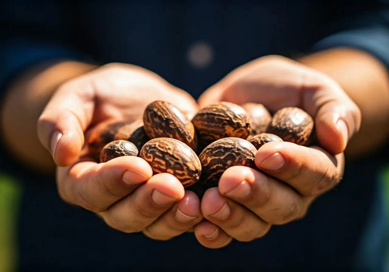 Close-up of hands holding raw shea nuts in sunlight. 35mm stock photo