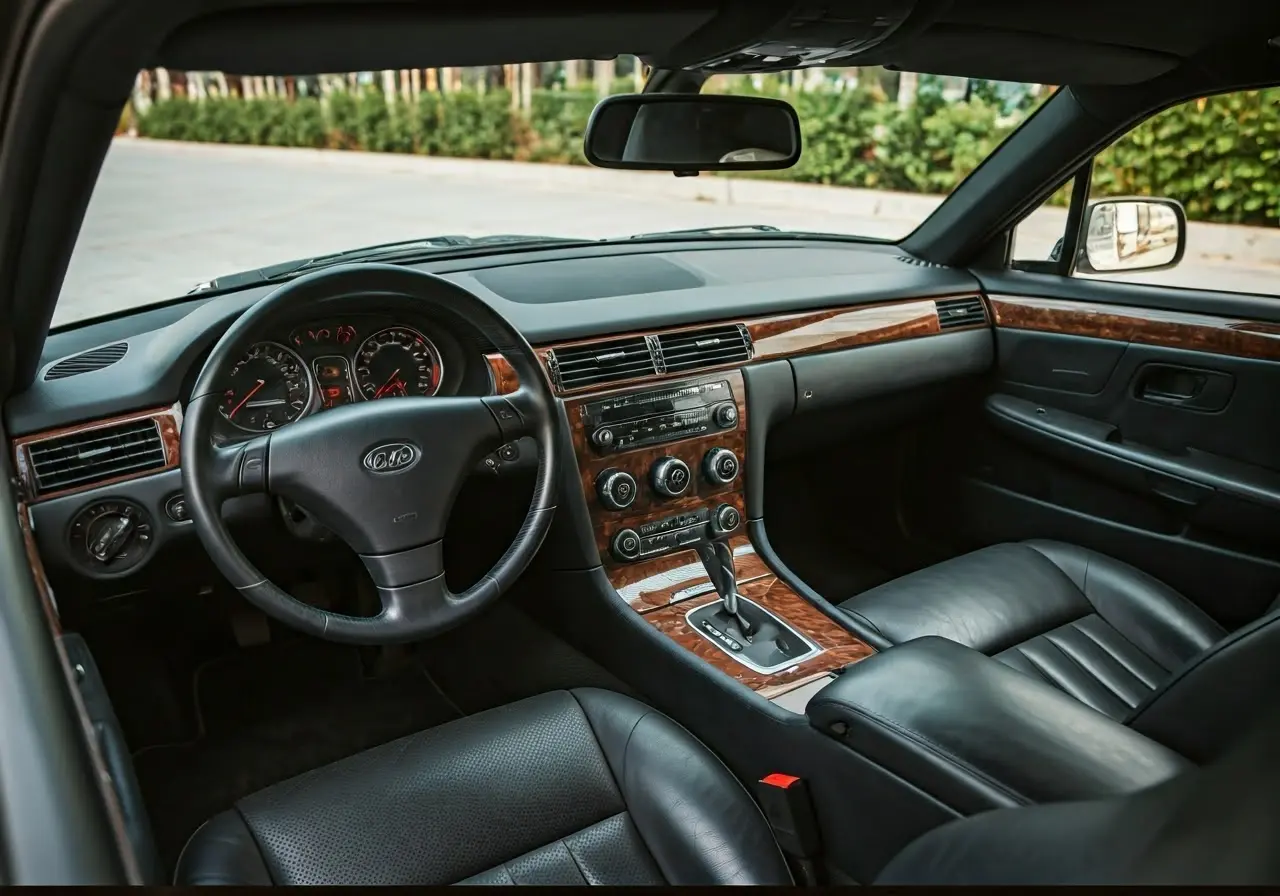 Luxurious car interior with polished dashboard and leather seats. 35mm stock photo