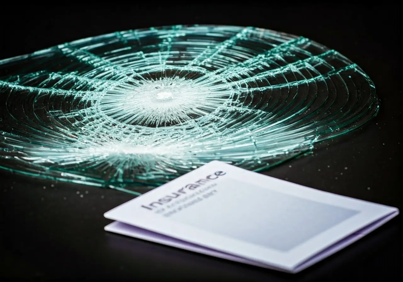 A shattered windshield with an insurance policy booklet nearby. 35mm stock photo