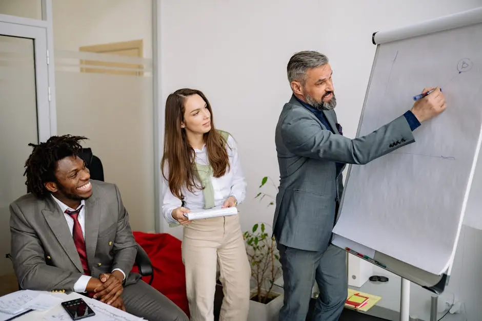 Diverse group of business professionals engaging in an office presentation, fostering teamwork and collaboration.