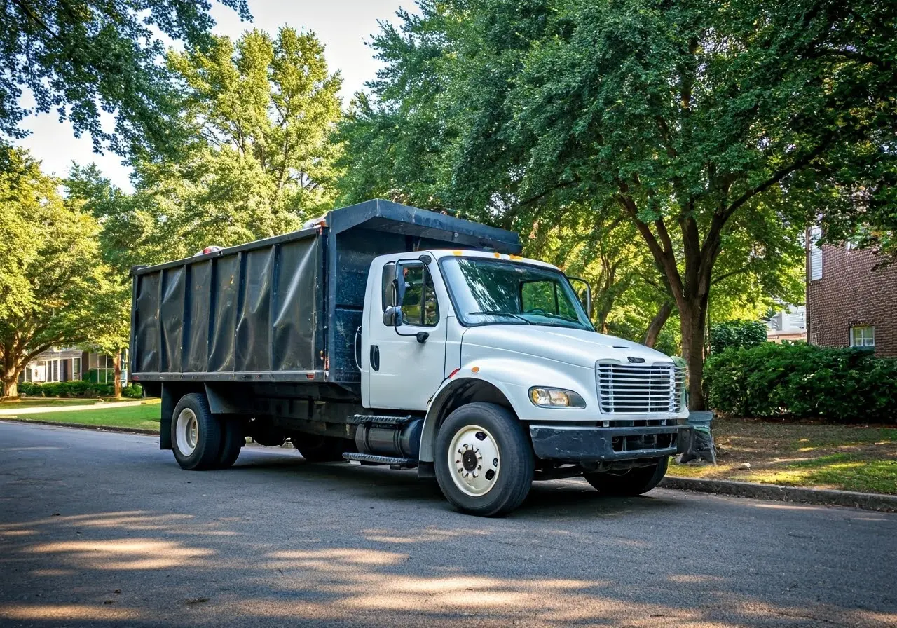 A truck collecting recyclable materials in Decatur, Georgia neighborhood. 35mm stock photo