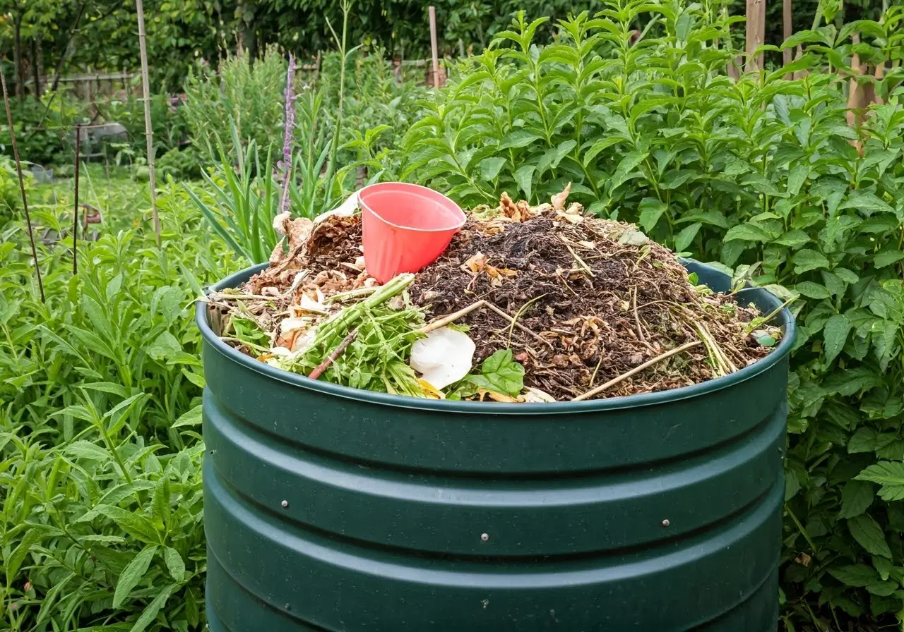 A compost bin filled with yard waste, set in a garden. 35mm stock photo