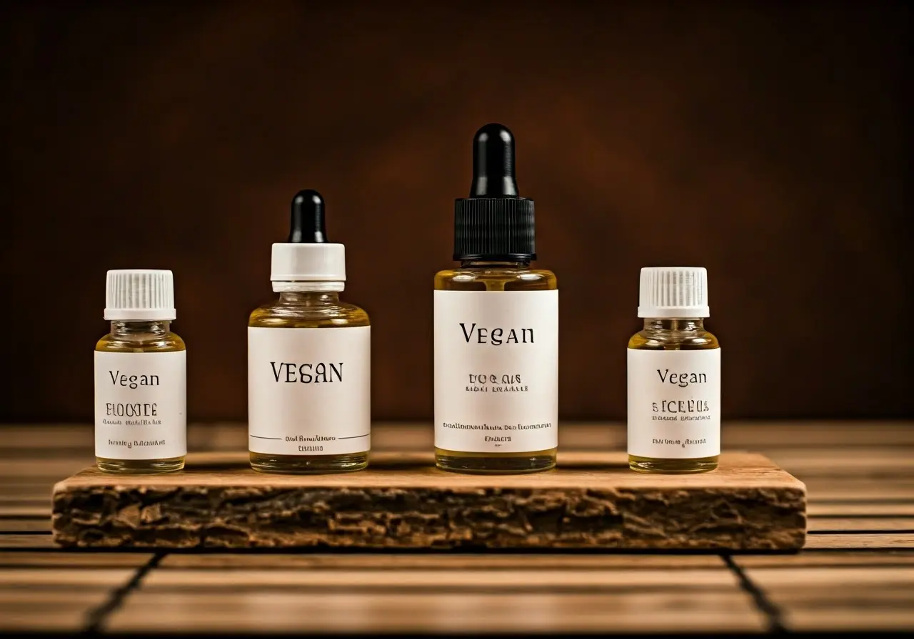 A variety of vegan fragrance oils in small glass bottles. 35mm stock photo