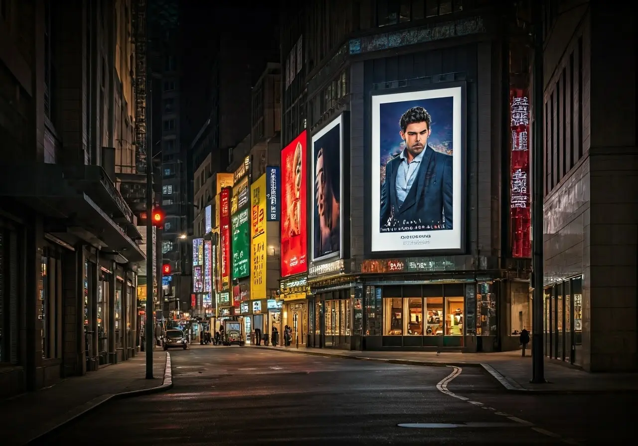 Digital signage displaying vibrant advertisements on city street. 35mm stock photo