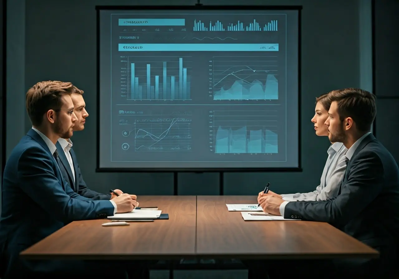 A business meeting with digital charts on a large screen. 35mm stock photo