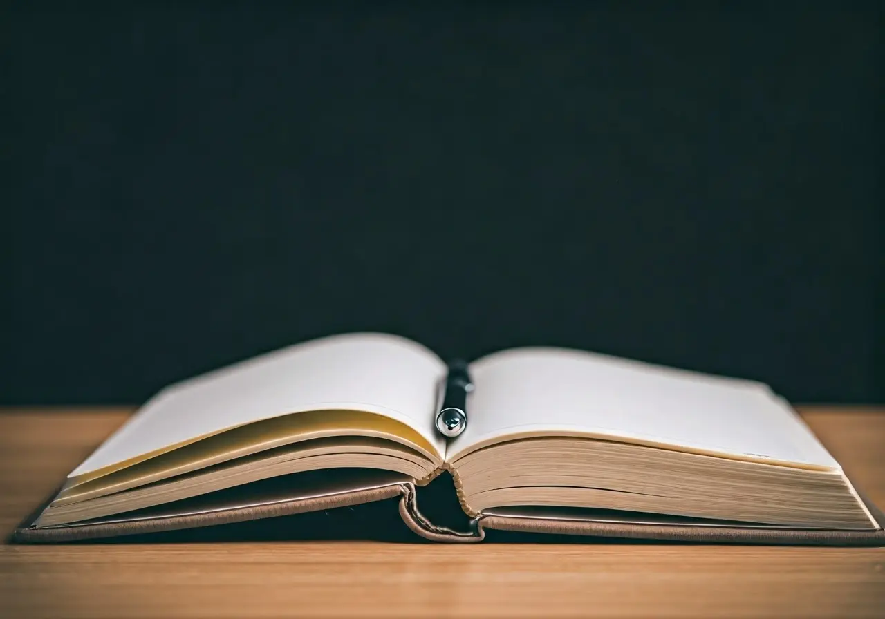 An open journal with a pen on a clean desk. 35mm stock photo