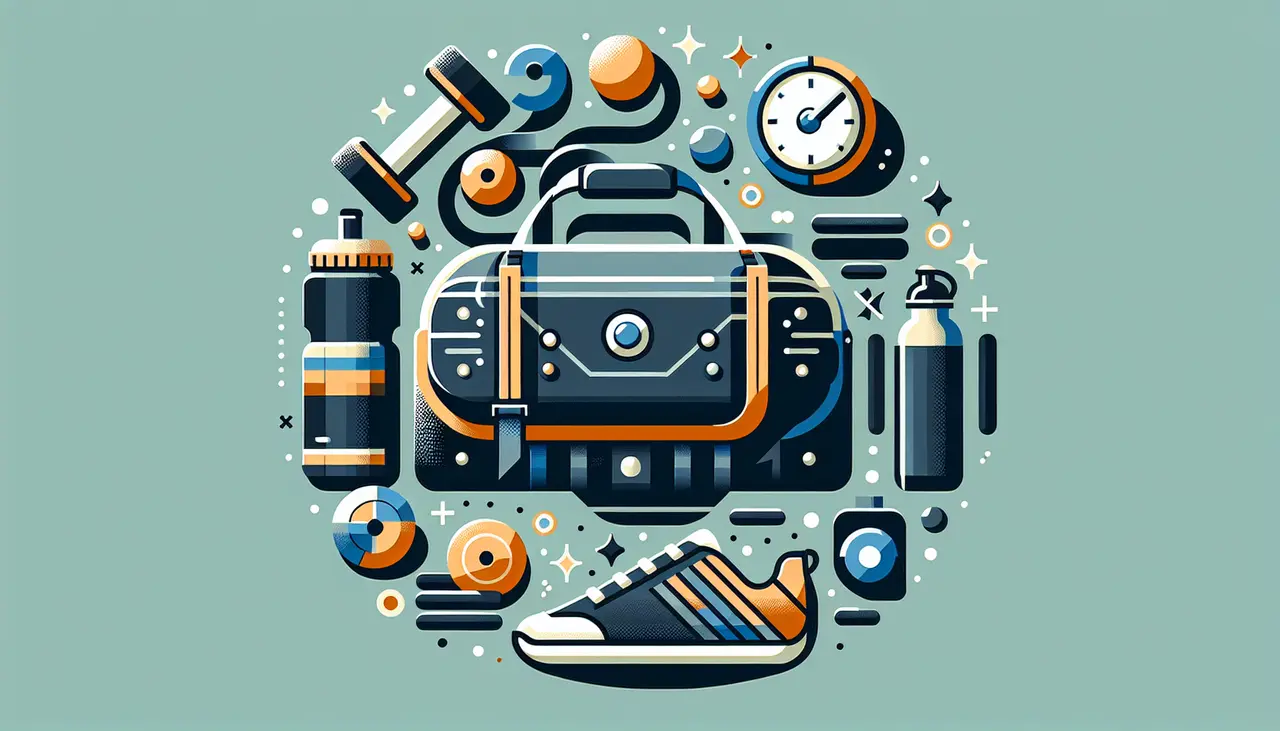 Draw a graphic in flat design style. A sleek gym bag with fitness gear icons around it, like a water bottle, dumbbell, and running shoes.