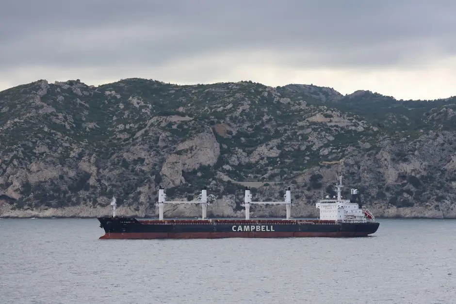 A large cargo ship sailing in the ocean near mountains