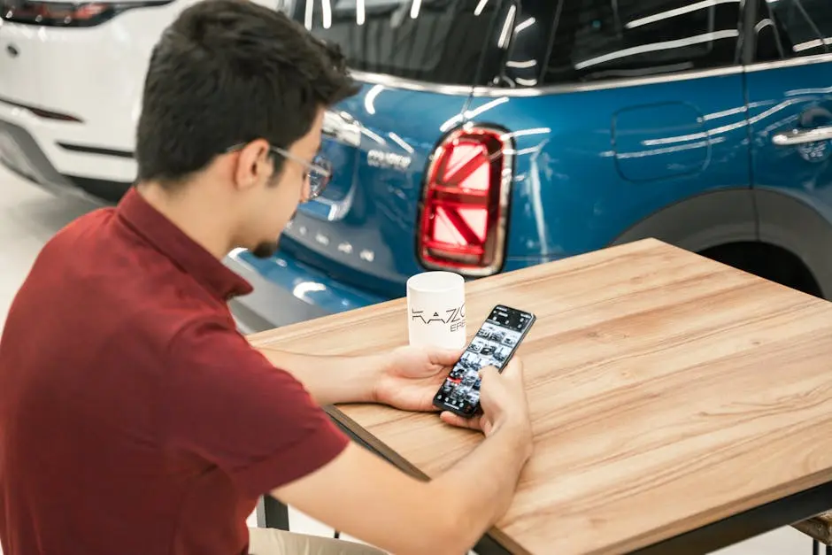 A Man Sitting next to Cars and Scrolling through His Phone