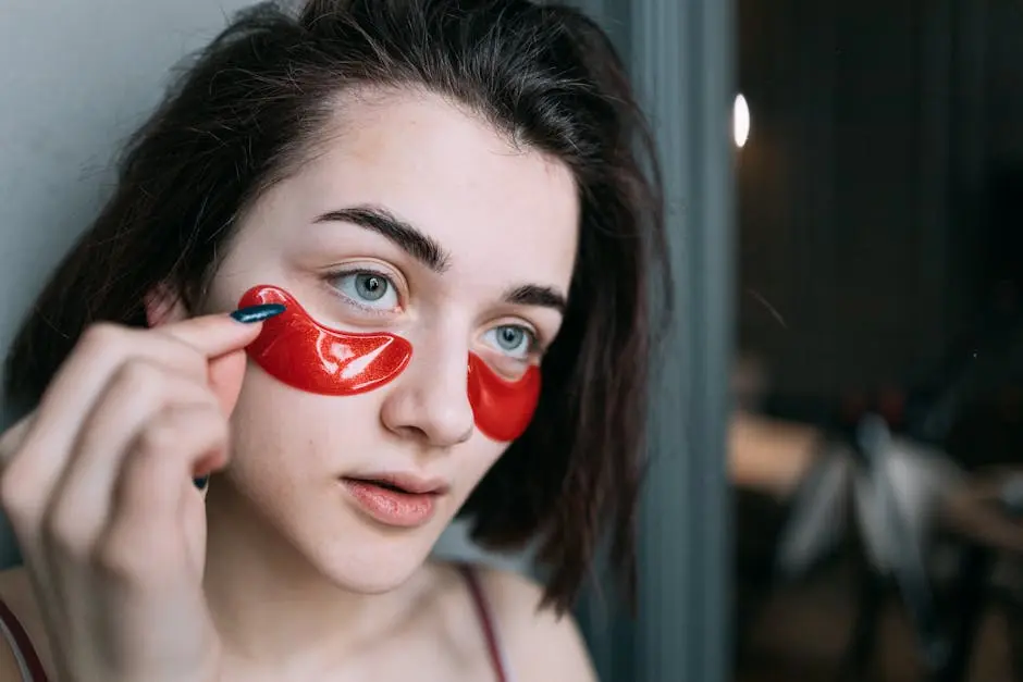 Young woman applying vibrant red under eye patches for skincare.