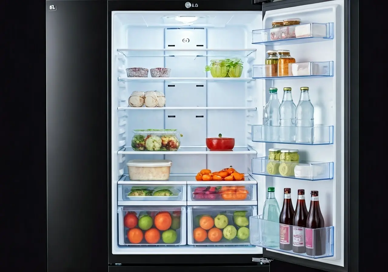 A broken LG refrigerator with food spoiling inside. 35mm stock photo