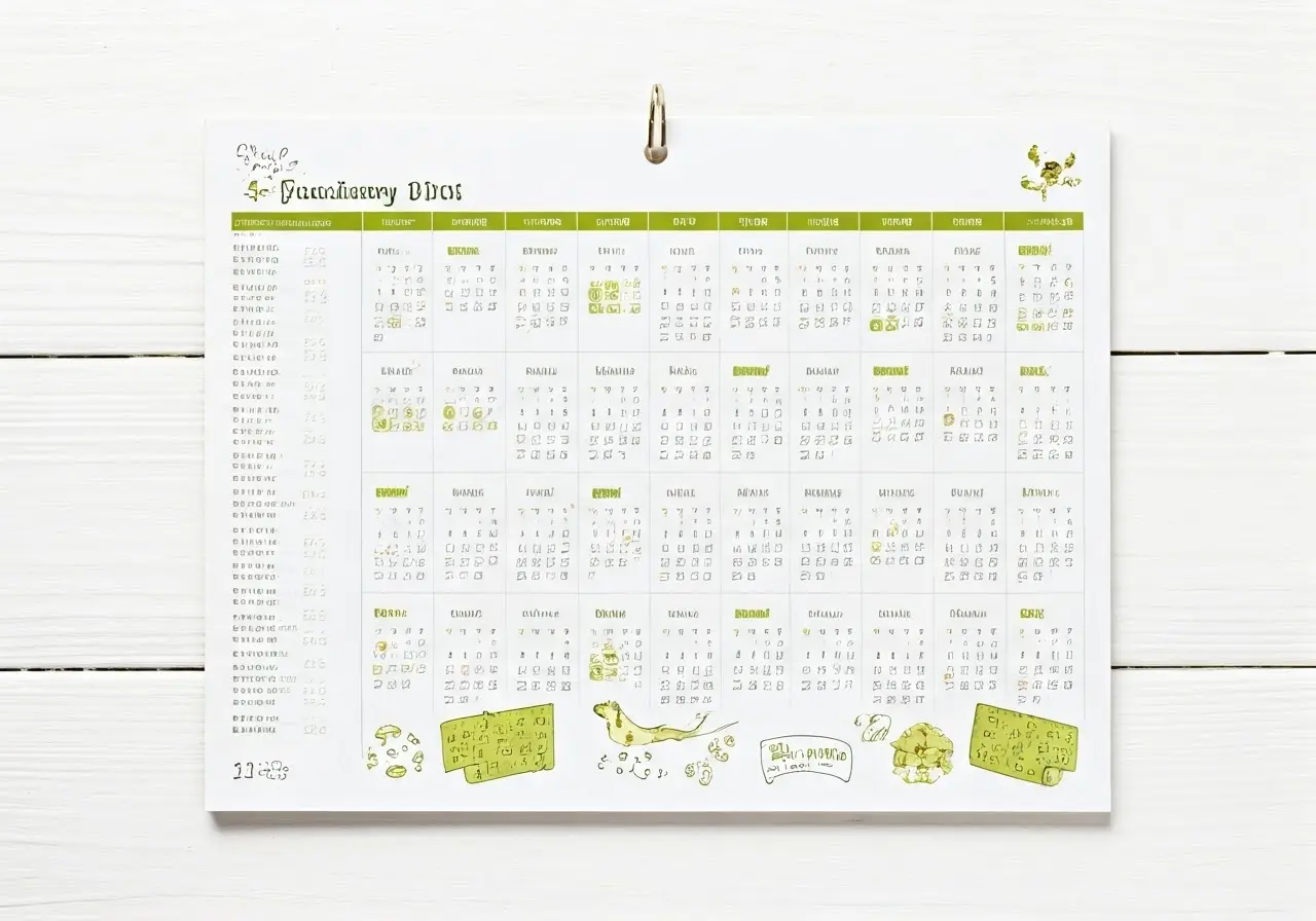 A calendar with dog-themed illustrations and training notes. 35mm stock photo