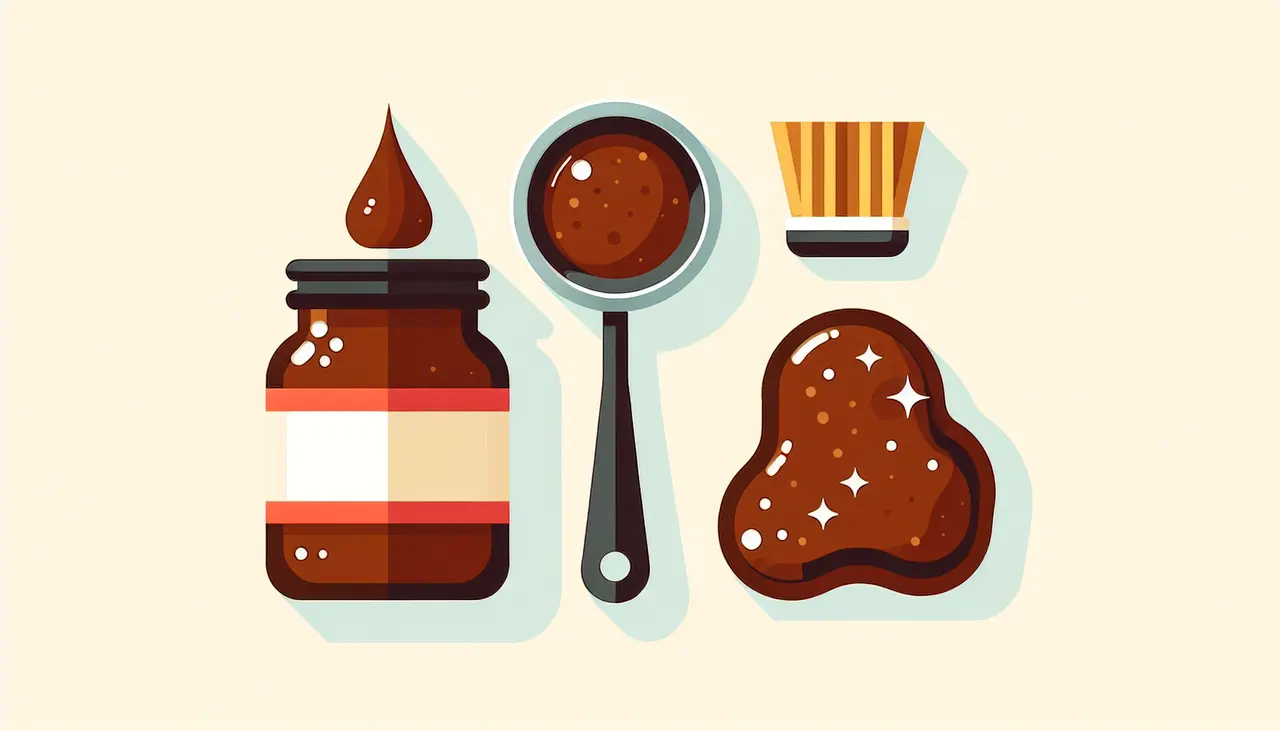 Draw a graphic in flat design style. A flat design image of a jar of brown sauce with icons of a marinade brush, a dipping bowl, and a glazed piece of meat beside it.