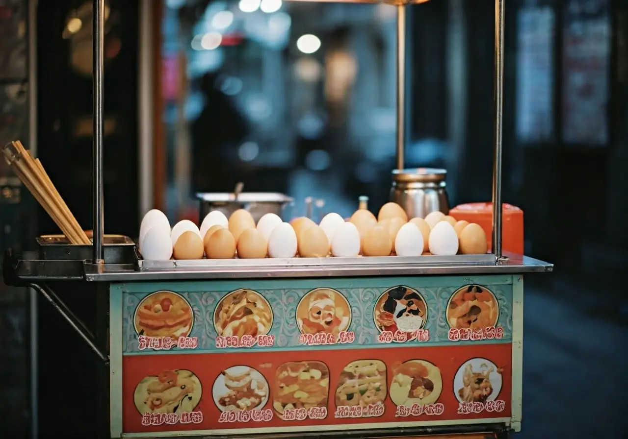 Hong Kong egglets on a colorful, stylish food cart. 35mm stock photo