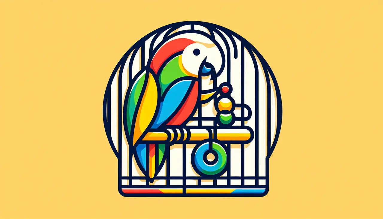 Draw a graphic in flat design style. A colorful parrot playing with a simple wooden toy inside a birdcage.