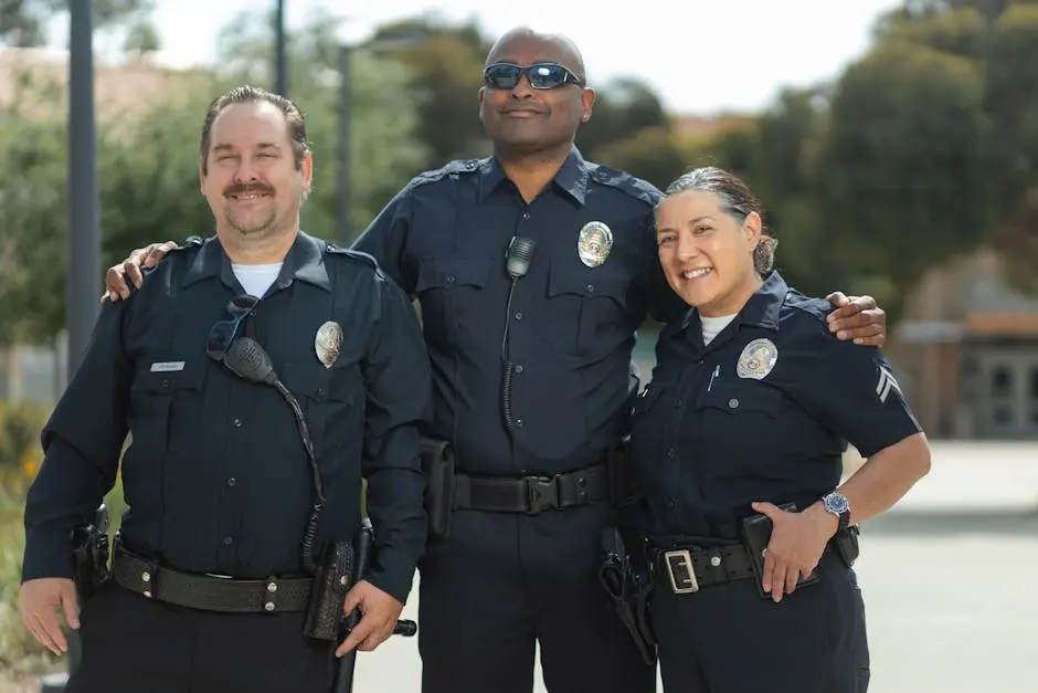 Diverse group of police officers in uniform smiling together outdoors.