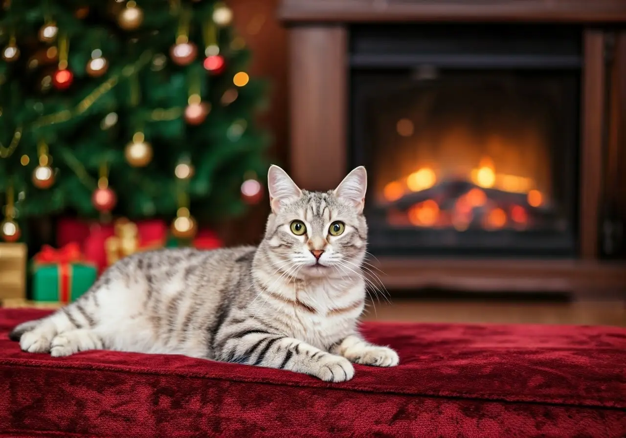 A cat in a cozy holiday-themed room with decorations. 35mm stock photo