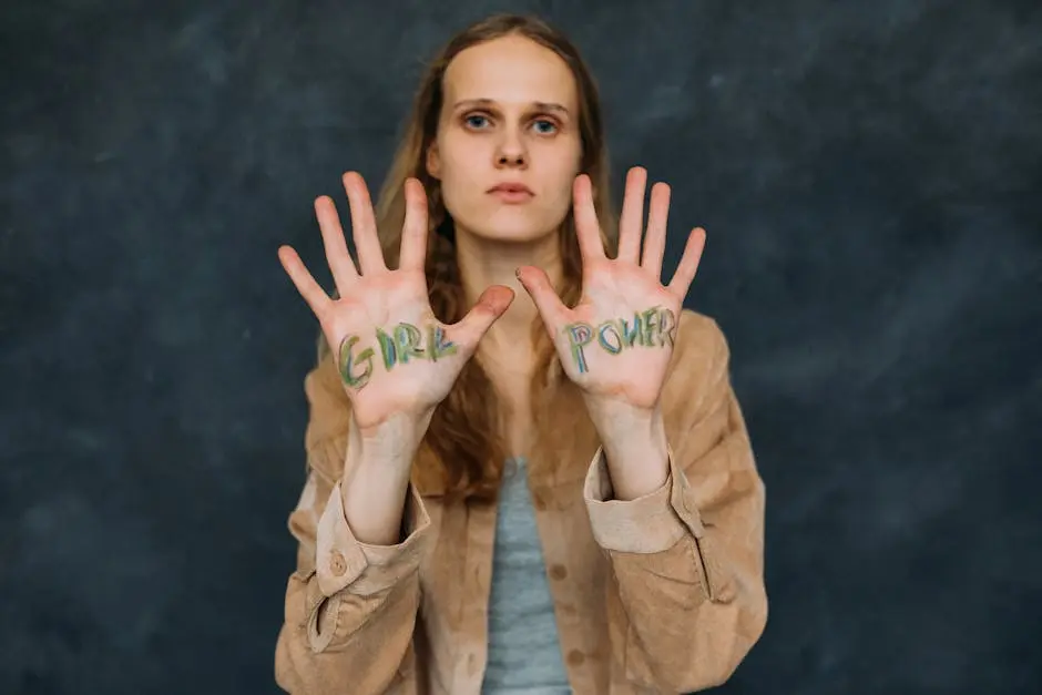 A Woman in Brown Jacket With Girl Power on her Palms