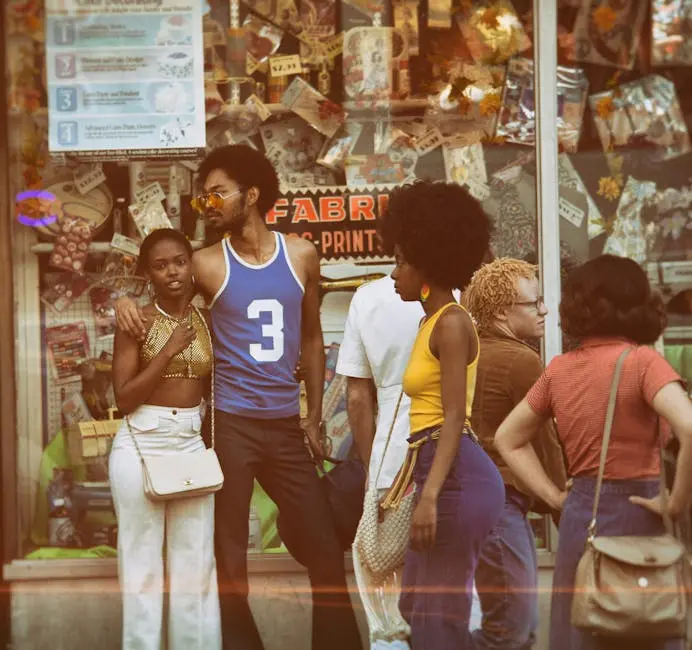 Vintage style group outside a shop in Brooklyn, capturing fashion and atmosphere of the era.