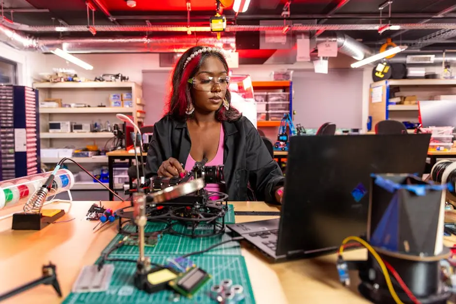 Focused technician using soldering iron to repair electronics in a vibrant workshop setting.