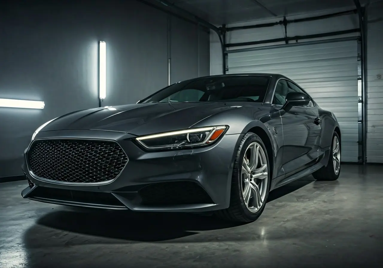 A sleek luxury car being meticulously polished in a garage. 35mm stock photo