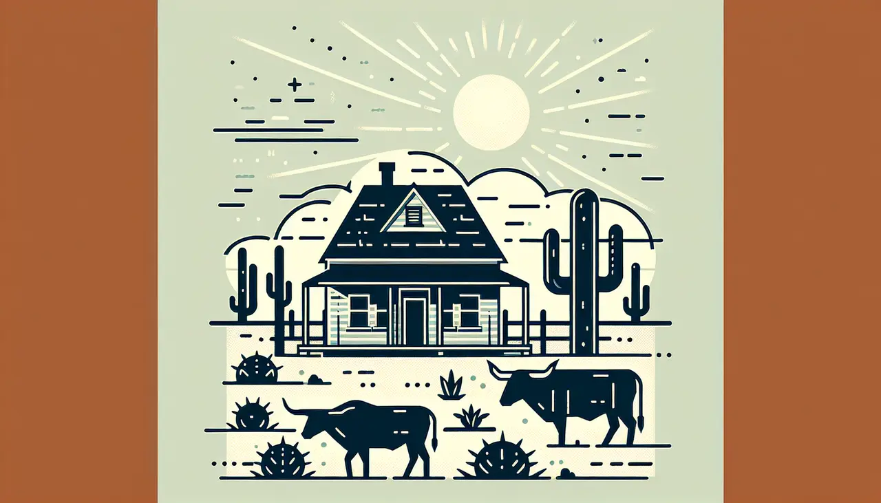 Draw a graphic in flat design style. Illustrate a simple house with a visibly sturdy roof under a bright sun, surrounded by a few generic Central Texas landscape elements like cacti and a longhorn silhouette.